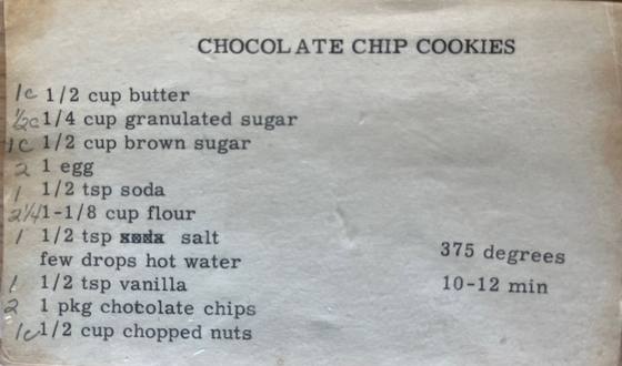 A scanned typewritten card for chocolate chip cookies, with handwritten quantity edits in the left margin.